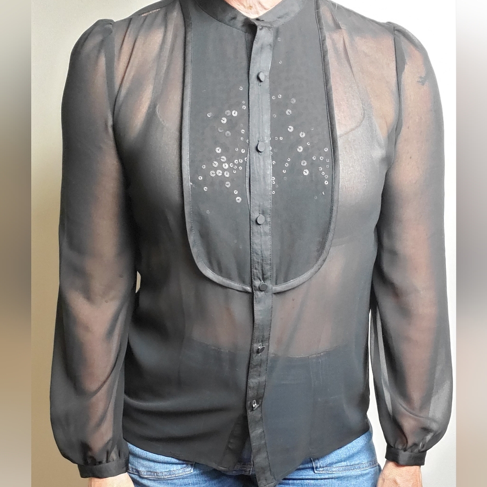 Talbots Black Sheer Long Sleeve Embellished Blouse